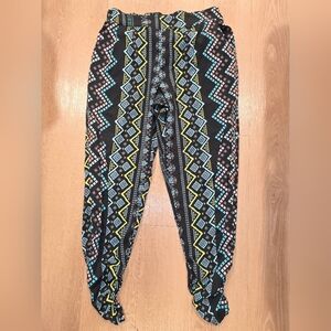 Dizzire Casual Black Pants, Flourescent Colored Print, Womens Large